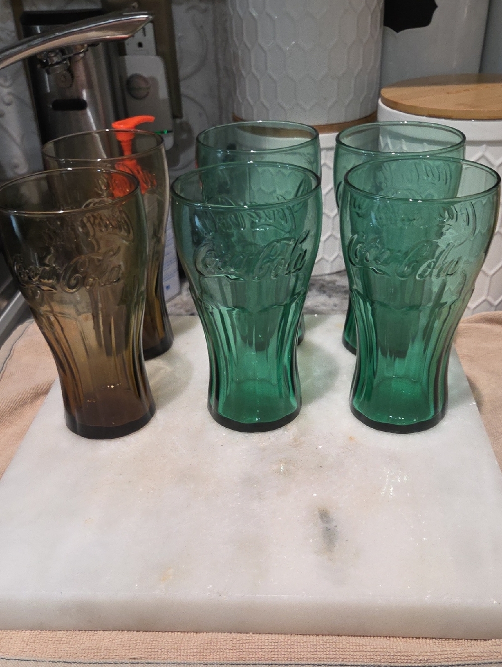 Coca Cola Green and Ember Embossed Glass Tumblers Set